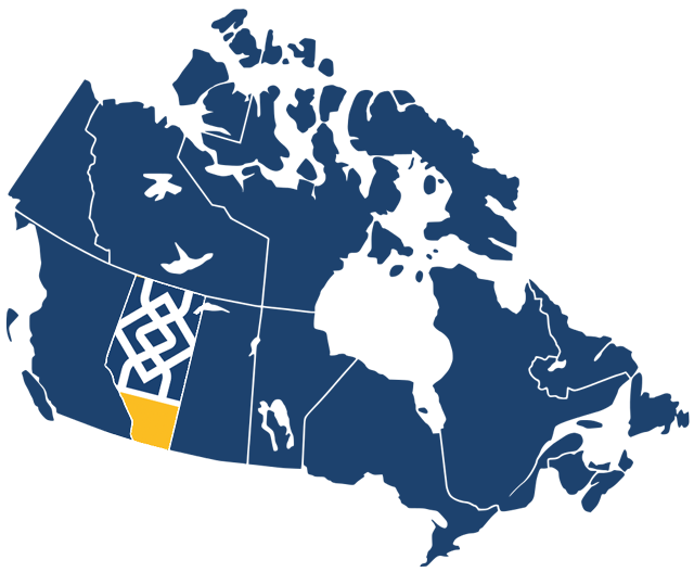Map of Canada with the province of Alberta containing the Fenceline logo