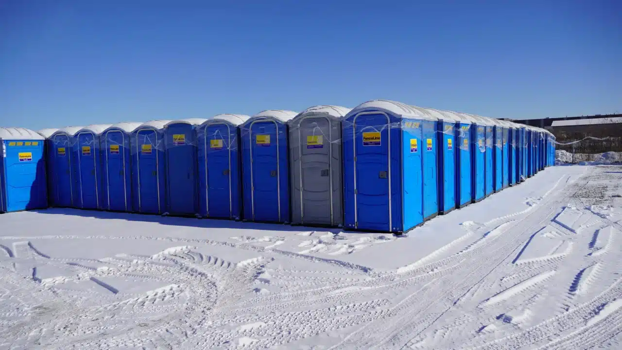 Rows of new portable toilets in Alberta in the winter.
