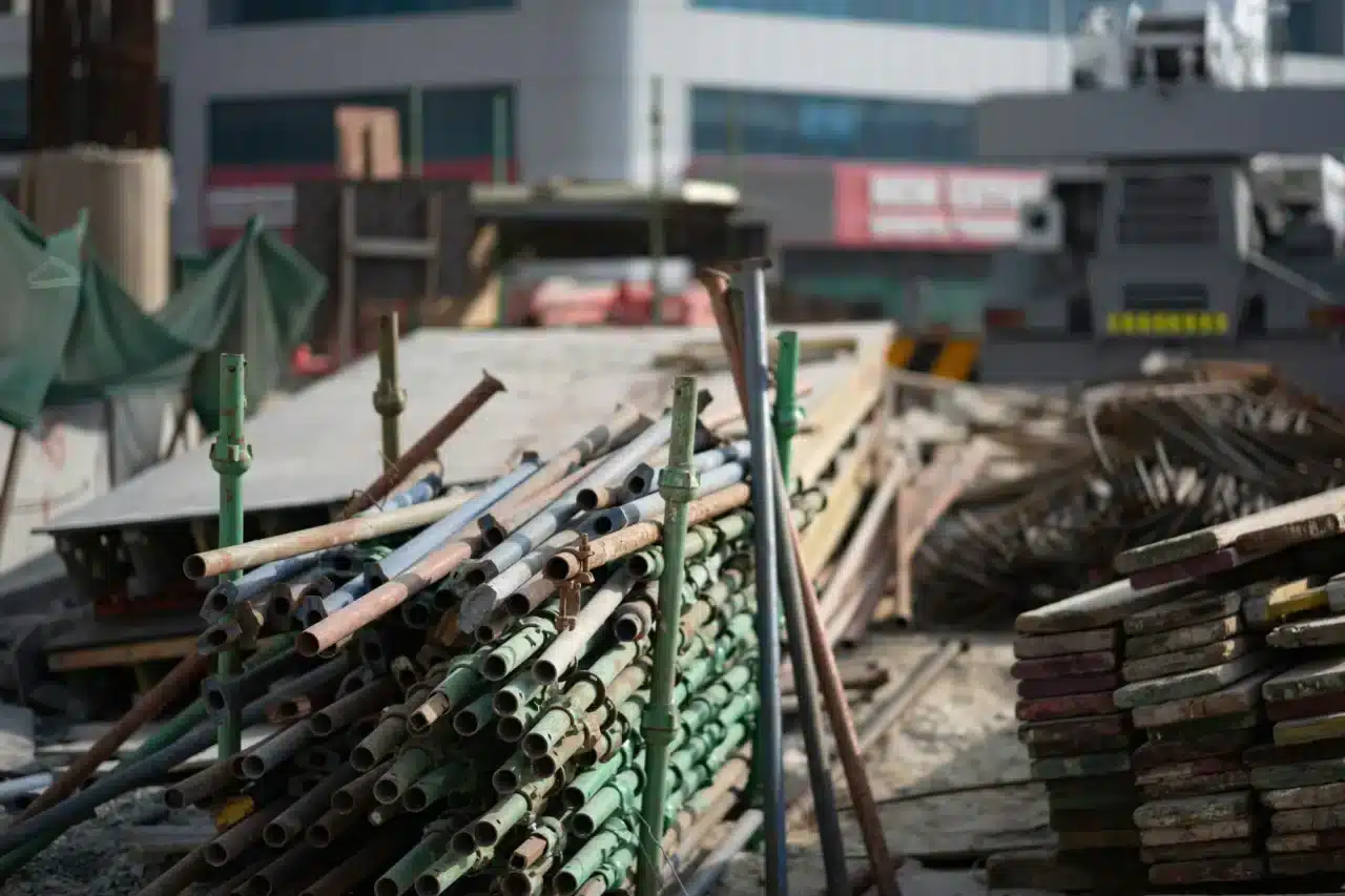 Construction pipes are bundled in preparation for recycling.